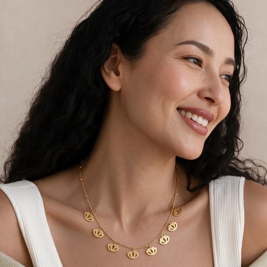 Ashtanga eight-lotus necklace shown on a smiling wearer