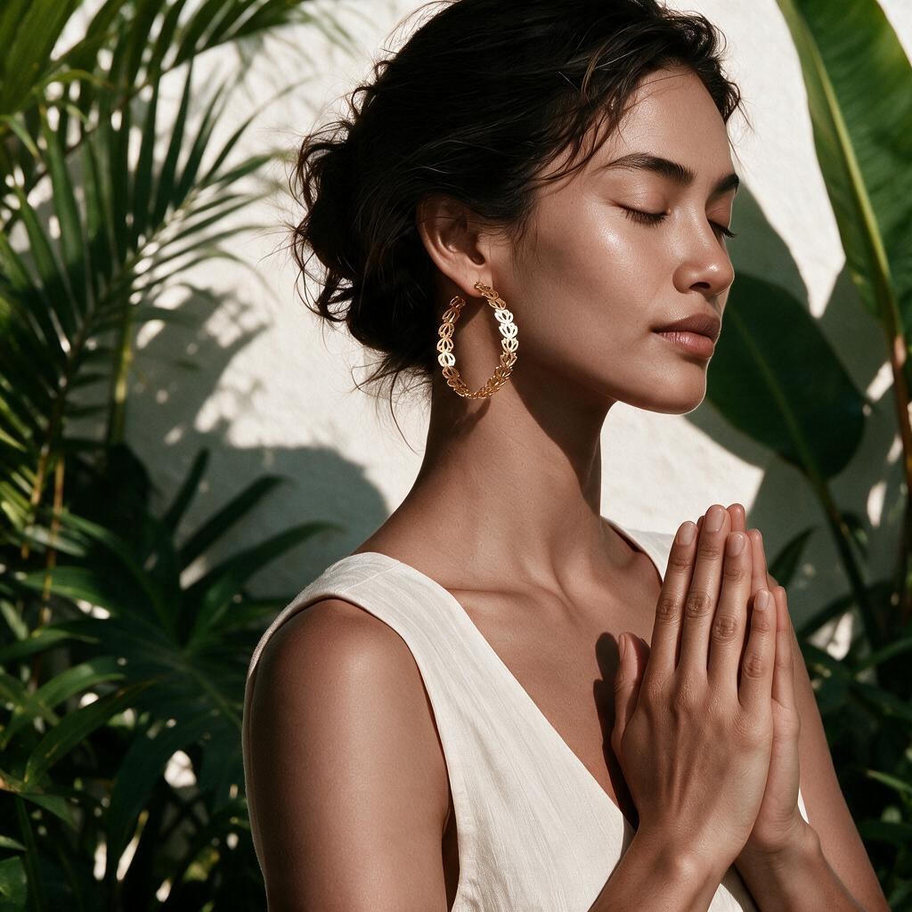 Grand Padma lotus-link hoops worn in a side-profile prayer pose